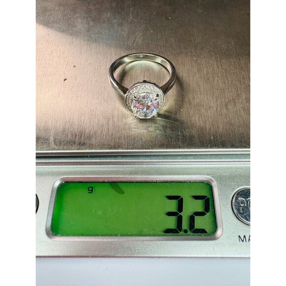 Estate Sterling Silver 925 Simulated Diamond Halo Ring Size 6 Rhodium Finish - Picture 8 of 8